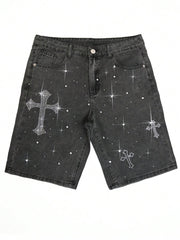 Men's Casual Summer Rhinestone Decor Oblique Pocket Denim Shorts