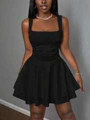 Vestido corto Slaydiva de verano para mujer, informal, básico, deportivo, dulce, con escote cuadrado fruncido y doble capa, corte A