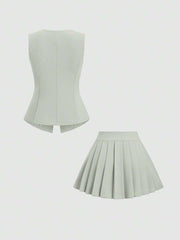 Conjunto de 2 piezas de chaqueta de punto elegante de lujo con botones decorados y minifalda plisada para mujer de Sweetra, ideal para fiesta, estilo Y2K.