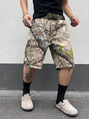 Manfinity LEGND Men's Casual Tree Branch Print Camo Green Baggy Denim Shorts Jorts, For Husband, Boyfriend Gifts