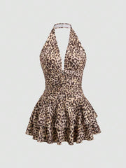 Vestido corto Sweetra de punto negro con cuello en V, espalda abierta, bajo con volantes y cintura fruncida, elegante e informal para mujer, primavera y verano.