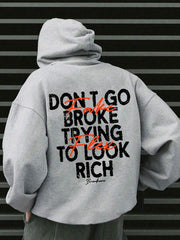 Go Broke, Letter Print Pocket Hoodie, Men's Casual Long Sleeve Drawstring, Autumn And Winter