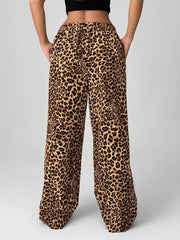 Pantalones anchos de tejido con estampado de leopardo EZwear para mujer