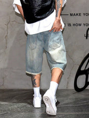 Men's Light Washed Distressed Denim Jean Shorts, US Style Casual Loose Straight Knee-Length Shorts For Summer