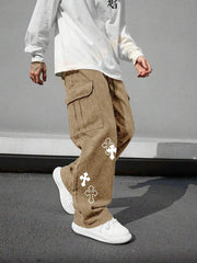 Pantalón cargo multibolsillos para hombre, corte holgado con estampado cruzado, ideal para playa, informal, deportes, actividades al aire libre, jogging, corte recto y holgado, ideal para cualquier temporada, estilo urbano, regalo para novio o esposo.