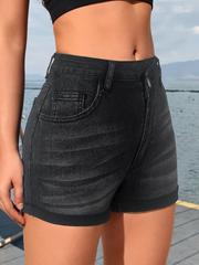 TECCULI Spring And Summer Women's Mid-Waist Elastic Tight Denim Shorts With Folded Hems. Casual Vacation Versatile Denim Mid-Waist Shorts