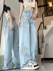 TECCULI Women Patched Wide Leg Pants With Pockets, Loose Fit, Stone Washed