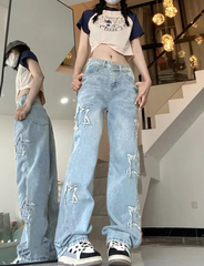 TECCULI Women Patched Wide Leg Pants With Pockets, Loose Fit, Stone Washed