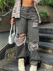 TECCULI Women's Distressed Patchwork Insert Pockets Ripped Denim Jeans, Suitable For Music Festival Style In Spring & Summer