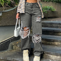 TECCULI Women's Distressed Patchwork Insert Pockets Ripped Denim Jeans, Suitable For Music Festival Style In Spring & Summer