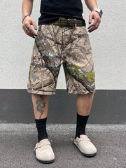 Manfinity LEGND Men's Casual Tree Branch Print Camo Green Baggy Denim Shorts Jorts, For Husband, Boyfriend Gifts