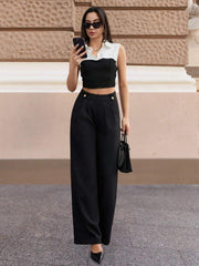 EURMUSE Women Solid Color Button Detailed Design Wide Leg Pants