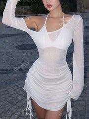 Vestido asimétrico con cuello y mangas acampanadas laterales y cordón ajustable, sin sujetador