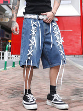 Manfinity EMRG Men's Streetwear Medium Wash Denim Bermuda Shorts With White Lace-Up Detail And Pockets Avant-Garde Style