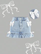 Girlism Tween Girl's Y2K Streetwear Solid Color Simple Daily Cute Denim Short Skirt With Bow Decor And Ruffle Hem,Girls Summer Vacation Outfits