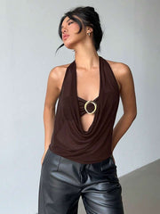 Aloruh - Nuevo chaleco sexy semitransparente con escote pronunciado, espalda descubierta y decoración metálica