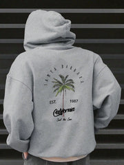 Sudadera informal con capucha para niño preadolescente con estampado de cocoteros, forro térmico grueso para otoño e invierno, ideal para niños activos.