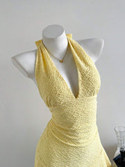 Elamini - Vestido corto informal de verano para mujer, de tejido de punto, color liso, con doble capa, volantes, cuello halter y lazo