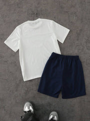 2pcs Casual Boys' Set Loose Fit Letter Print Short Sleeve T-Shirt And Maple Pattern Allover Print Relaxed Fit Sports Shorts, Summer