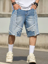 Men's Bermuda Shorts New Patchwork Fringe Denim Shorts, Straight Loose 5-Inch Vintage Casual Shorts