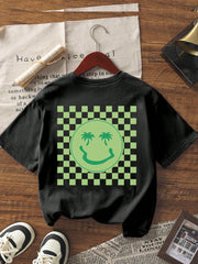 Camiseta de manga corta con estampado de palmera y cara sonriente para niño preadolescente, ideal para jugar en la playa.