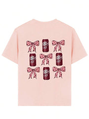 1pc Girls Short Sleeve Bow Print Pullover T-Shirt, Comfortable & Fashionable Summer Top For Student & Young Lady