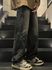 ROMWE MEN Street Life Solid Color Star Patched Casual Jeans With Pockets, School