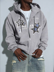 Manfinity EMRG Men's Slogan & Pentagram Print Drop Shoulder Long Sleeve Zip Collar Casual Hoodie, AutumnWinter