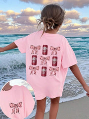 1pc Girls Short Sleeve Bow Print Pullover T-Shirt, Comfortable & Fashionable Summer Top For Student & Young Lady