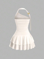 Sweetra - Nuevo collar colgante en espiral dorado con diseño de joyería, minivestido escalonado adelgazante con cintura para mujer