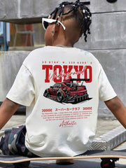 Camiseta de manga corta con estampado de coche, ideal para preadolescentes y estudiantes de verano.