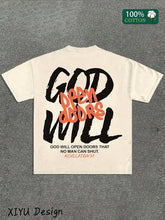 Men's God Will Open The Door Pattern Cotton T-Shirt-Navy Blue, Casual Round Neck, Short-Sleeved Loose Version, Suitable For Travel And Casual Wear, Daily Comfortable T-Shirt Fashion Casual Version Shirt