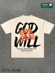 Camiseta de algodón para hombre con estampado "Dios abrirá la puerta" - Azul marino, cuello redondo informal, manga corta, versión holgada, ideal para viajes y uso casual, cómoda y moderna para el día a día.