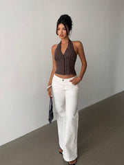 Blazer fino Aloruh de algodón a rayas con cuello alto y botonadura sencilla para mujer