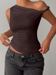 Women's Fashion Solid Color Asymmetric Neck Blouse, Summer