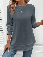 Sudadera LUNE de cuello redondo, dobladillo asimétrico, tejido con textura de gofre, silueta básica, informal y cómoda, para mujer, tops de manga larga