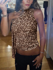 Women Sexy Leopard Printed Slim Halter Fashion Crop Top Spring Summer Streetwear Party Vacation Clothes