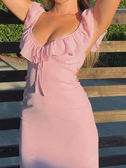 Vestido minimalista sexy con volantes y cordones, ajustado y elástico.