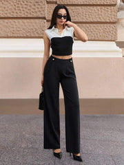 EURMUSE Women Solid Color Button Detailed Design Wide Leg Pants