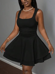 Vestido corto Slaydiva de verano para mujer, informal, básico, deportivo, dulce, con escote cuadrado fruncido y doble capa, corte A