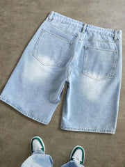 Light Blue Men's Loose Letter & Cartoon Print Washed Denim Shorts, Casual & Fashionable Streetwear Style Bermuda Shorts