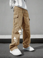 Pantalón cargo multibolsillos para hombre, corte holgado con estampado cruzado, ideal para playa, informal, deportes, actividades al aire libre, jogging, corte recto y holgado, ideal para cualquier temporada, estilo urbano, regalo para novio o esposo.