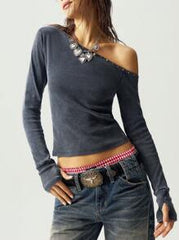 Camiseta de manga corta con cuello asimétrico de punto de color liso para mujer de Bohemela BOHO