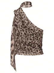 Women Sexy Leopard Printed Slim Halter Fashion Crop Top Spring Summer Streetwear Party Vacation Clothes