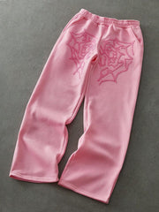 Manfinity Streetrush Men's Young Street Style, INS Matched With High Street Pink Spider Web Creative Heart 3D Embroidery Technique Pink Straight Loose Long Sweatpants. Featuring Oversized Graphic Embroidery Design, T