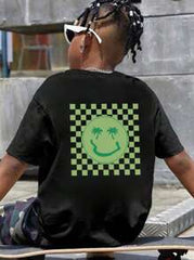 Camiseta de manga corta con estampado de palmera y cara sonriente para niño preadolescente, ideal para jugar en la playa.