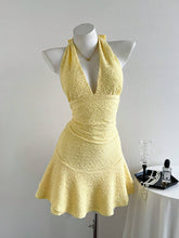 Elamini - Vestido corto informal de verano para mujer, de tejido de punto, color liso, con doble capa, volantes, cuello halter y lazo