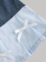 Tween Girls Fashion Elegant Colorblock Pleated Bowknot Detailed Denim Short Skirts, Girls Fall Clothes Back To School Outfits