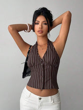 Aloruh Women Cotton Striped Stand Collar Single-Breasted Vest Thin Blazer