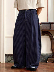 SWAVVY Men's Fashion Casual Woven Oversized Blue Striped 3D Letters Embroidered Baggy Pants, For Daily Summer School